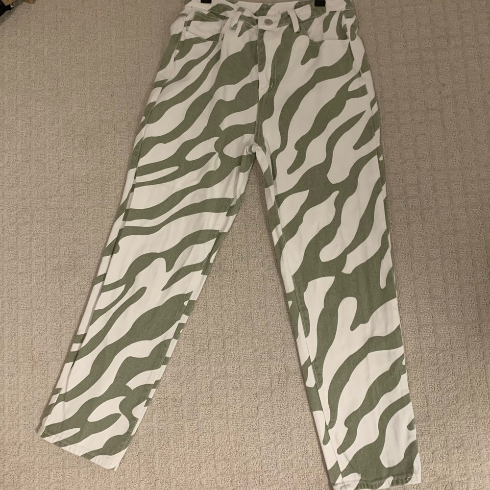 light green/white zebra print jeans